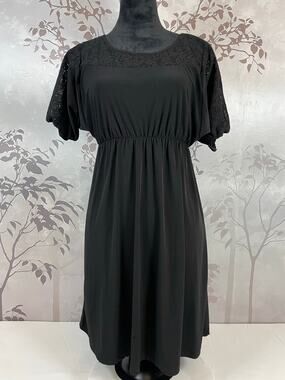 Espresso Lace Crochet Yoke Mini Dress Black L Dolman Sleeve Elastic Waist Party